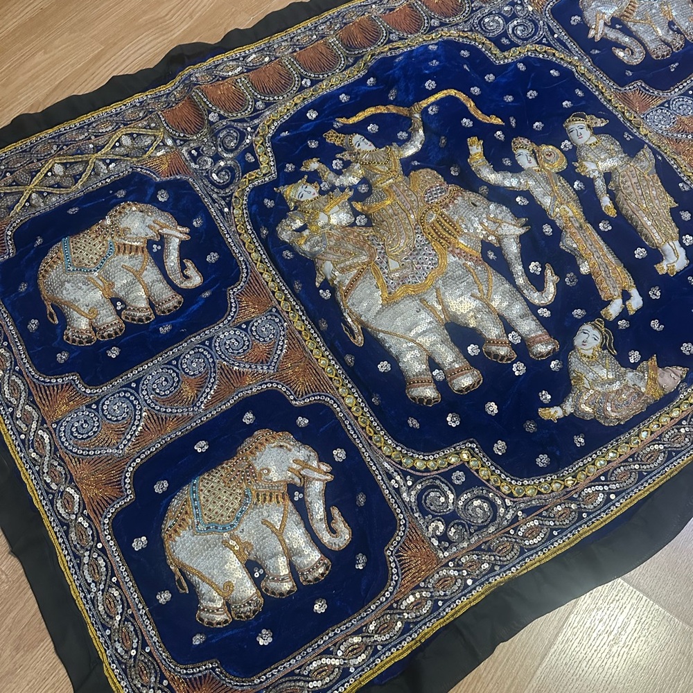 Burmese Kalaga tapestry Embroidered Elephant Tapestry Scarf in Deep Navy & Gold